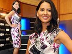 Olivia Munn steps out in a striking graphic print dress to promote second series of The Newsroom